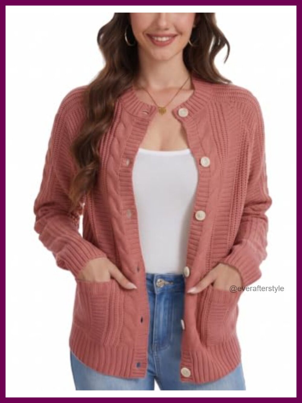Cable Knit Button Down Cardigan Sweater with Pockets for Women